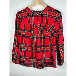 J.Crew Festive Red Holiday Christmas Plaid Ruffle Tartan 100% cotton Blouse
